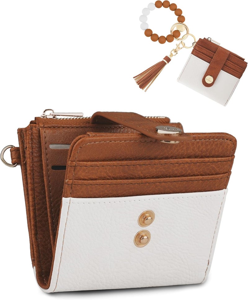 Sunpour Small Wristlet Wallets for Women Keychain Wristlet Wallet RFID Blocking Key Chain Wallet With Zipper Coin Pocket,2 Id Window (Beige＆Brown) - Image 1